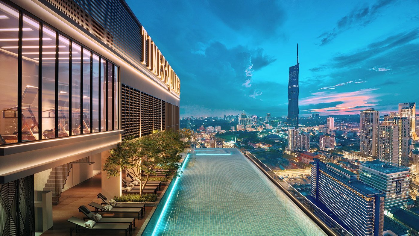 Times Square 2 Bukit Bintang sky pool at dusk with Merdeka 118
