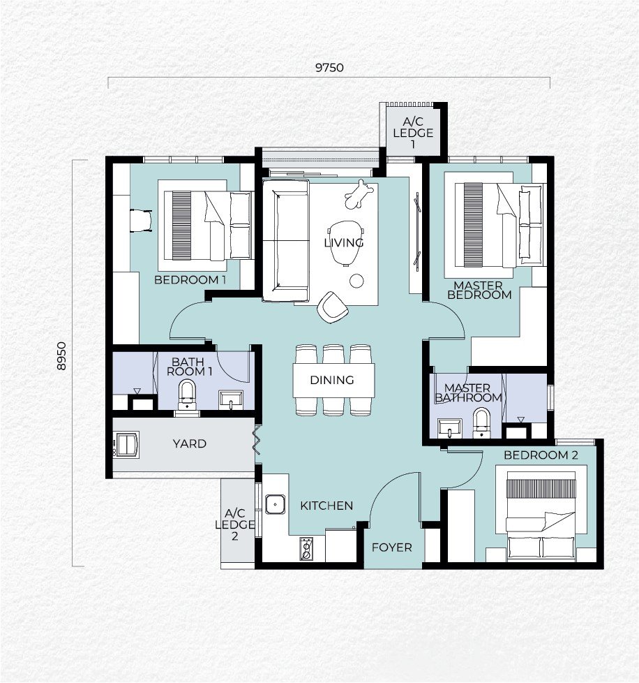 Trinity Nordic Seri Kembangan Type A floor plan — 3 bedrooms with yard and dual A/C ledges