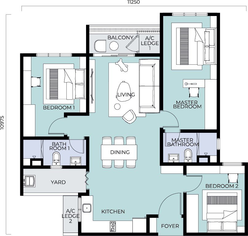 Trinity Nordic Seri Kembangan Type B floor plan — 3 bedrooms with balcony and yard
