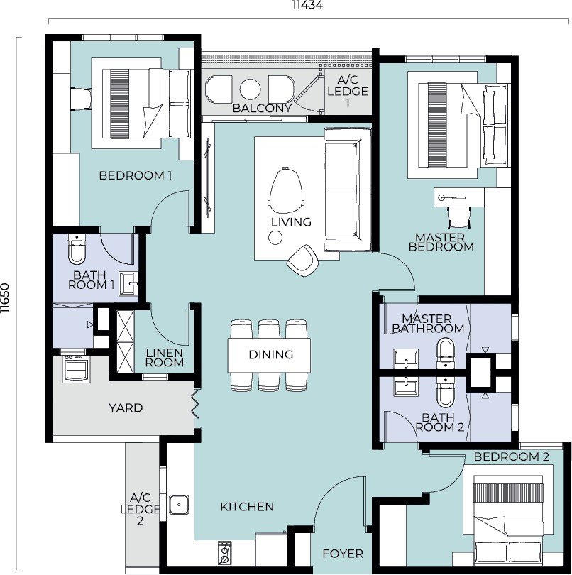 Trinity Nordic Seri Kembangan Type C floor plan — 3 bedrooms with extra bathroom, linen and balcony