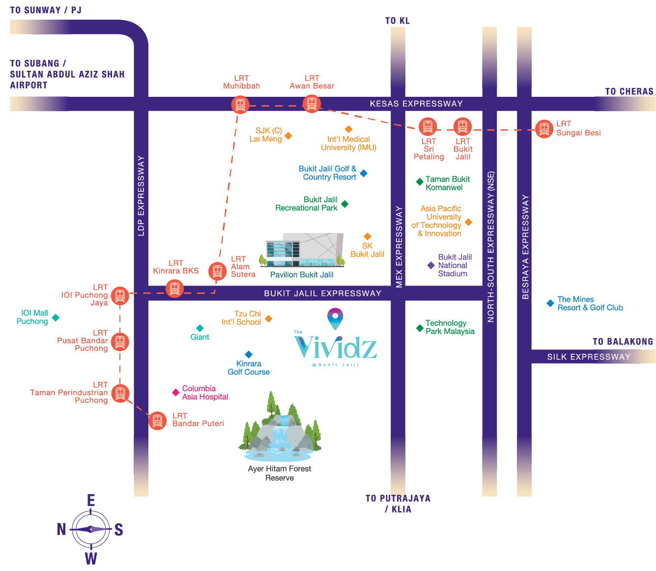 The Vividz Bukit Jalil location map showing KL Wellness City, Pavilion Bukit Jalil, LRT Alam Sutera, IMU, Tzu Chi International School and the MEX, LDP and KESAS highways