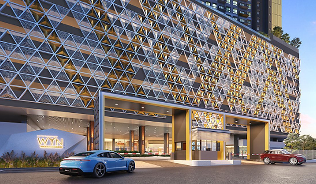 The Wyn Residences Puchong grand entrance and arrival drop-off with triangular facade feature