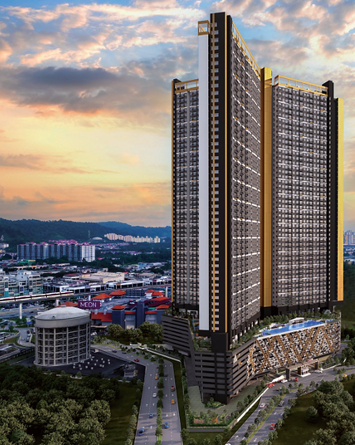 The Wyn Residences Puchong twin towers at dusk beside IOI Mall Puchong and the LRT line