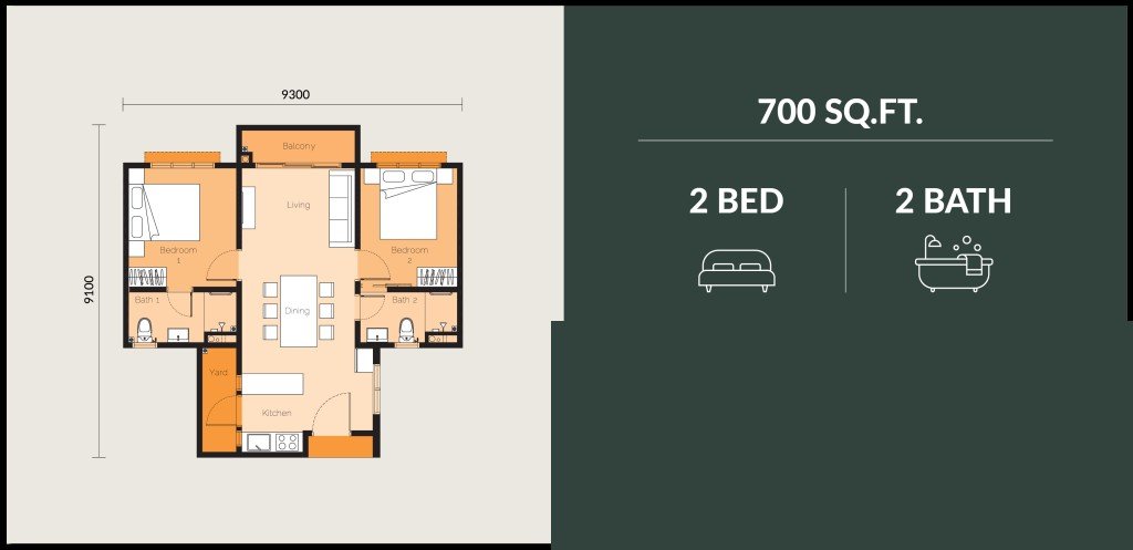 The Wyn Residences Puchong Type B floor plan — 700 sq ft serviced apartment, 2 bedrooms, 2 bathrooms, with balcony, yard and kitchen