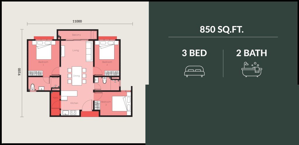 The Wyn Residences Puchong Type C floor plan — 850 sq ft serviced apartment, 3 bedrooms, 2 bathrooms, with balcony, yard and kitchen