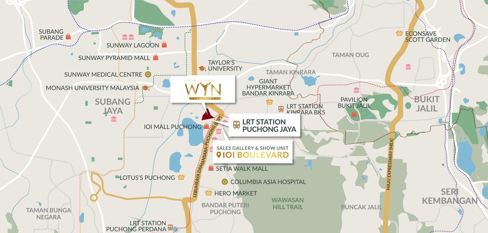 The Wyn Residences Puchong location map showing IOI Mall Puchong, Puchong Jaya LRT station, Setia Walk and the LDP