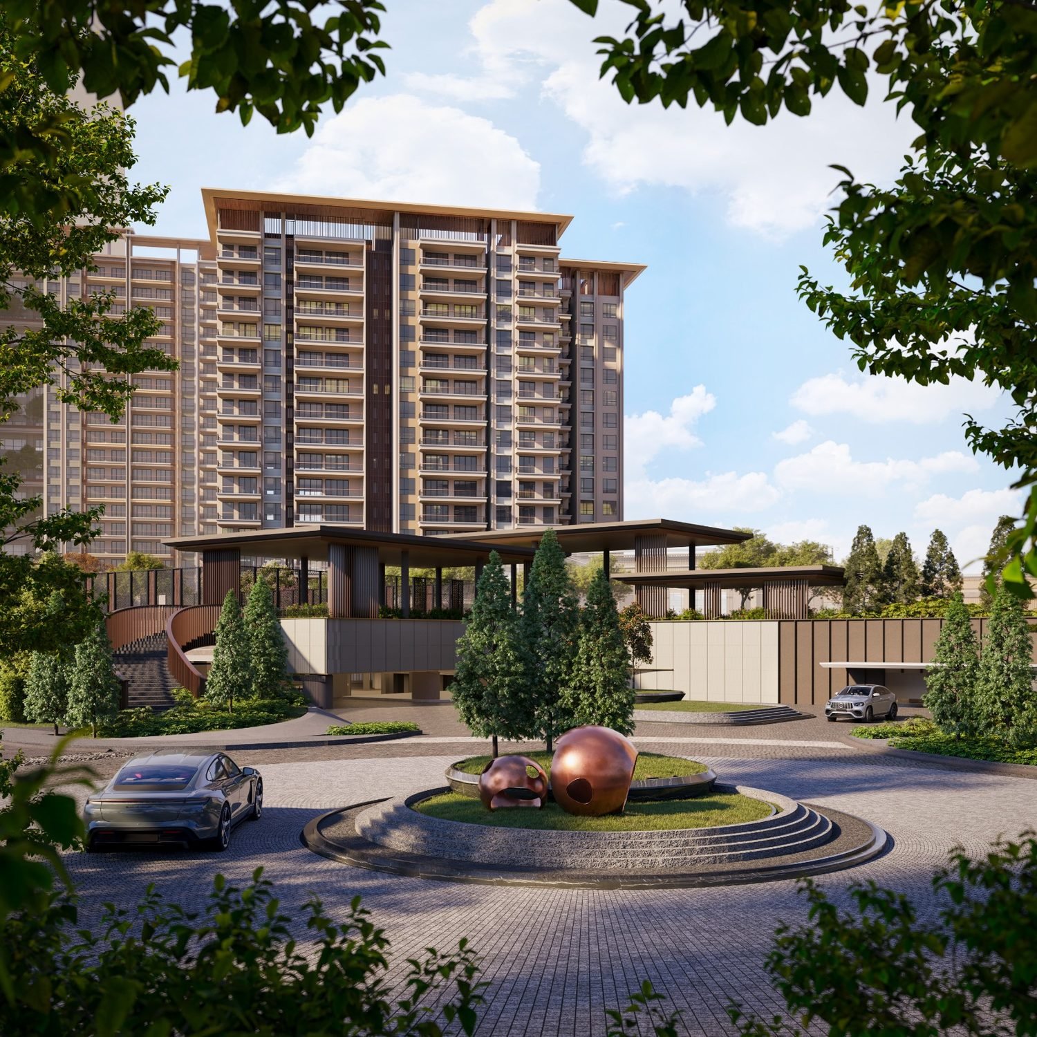 Zenia ParkCity Damansara CondoVilla grand arrival court with landscaped drop-off and tower behind