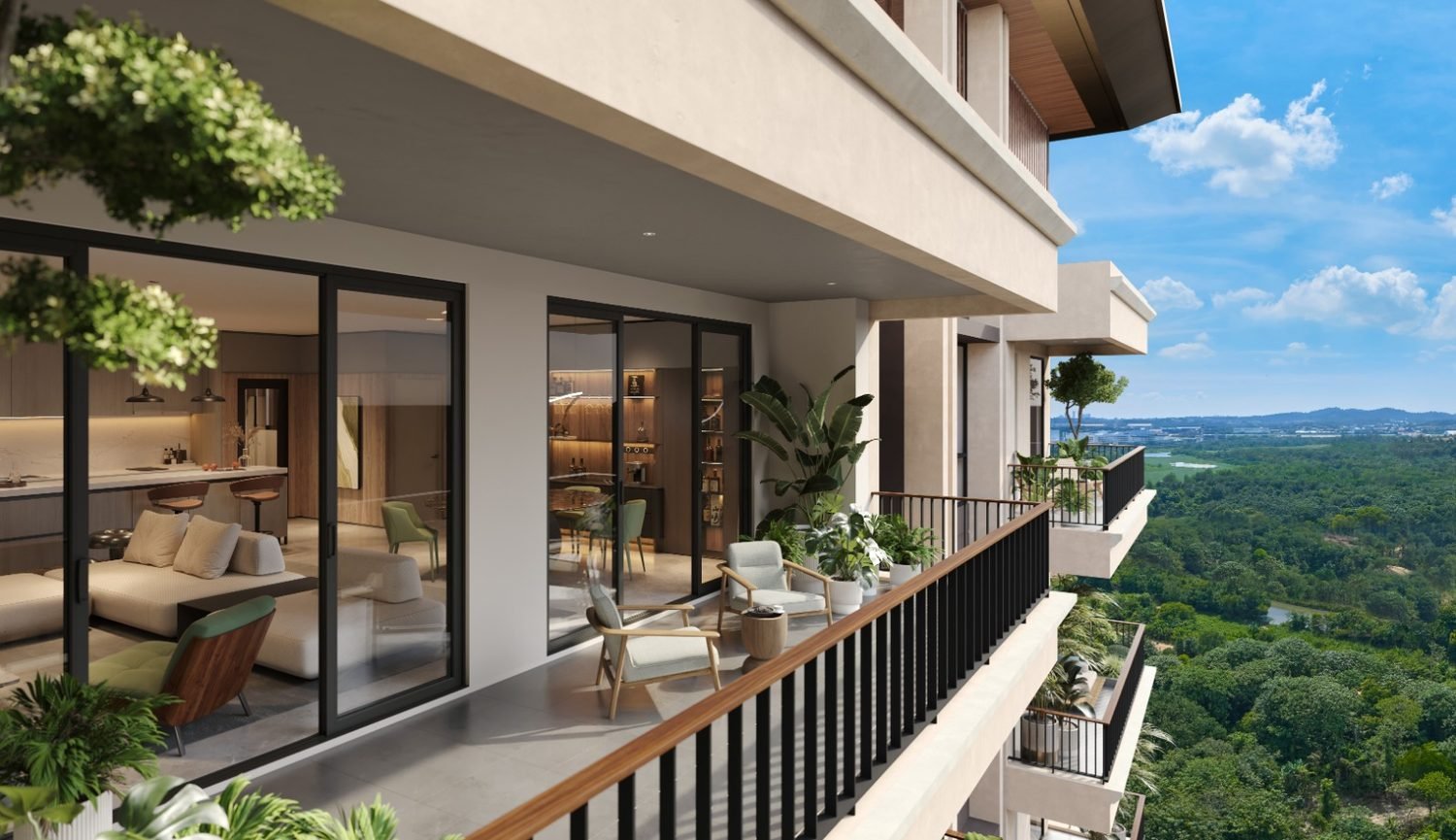 Zenia ParkCity Damansara CondoVilla living space opening to a balcony with forest and greenery views