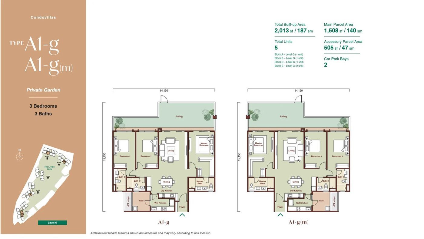 Zenia ParkCity Damansara CondoVilla Type A1-g floor plan — 2,013 sq ft ground-floor home with private garden, 3 bedrooms, 3 bathrooms, 2 car park bays