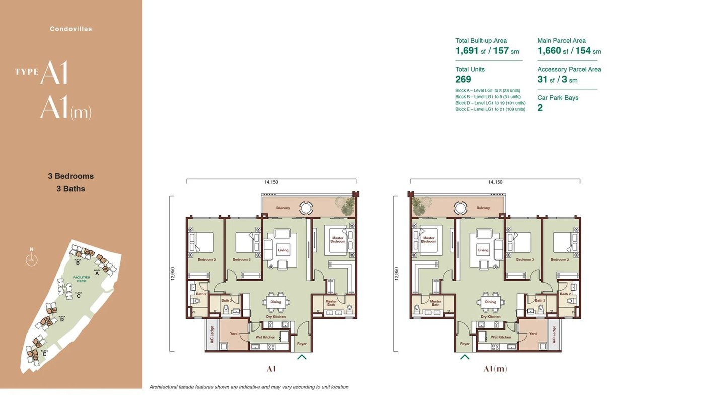 Zenia ParkCity Damansara CondoVilla Type A1 floor plan — 1,691 sq ft high-rise home, 3 bedrooms, 3 bathrooms, 2 car park bays