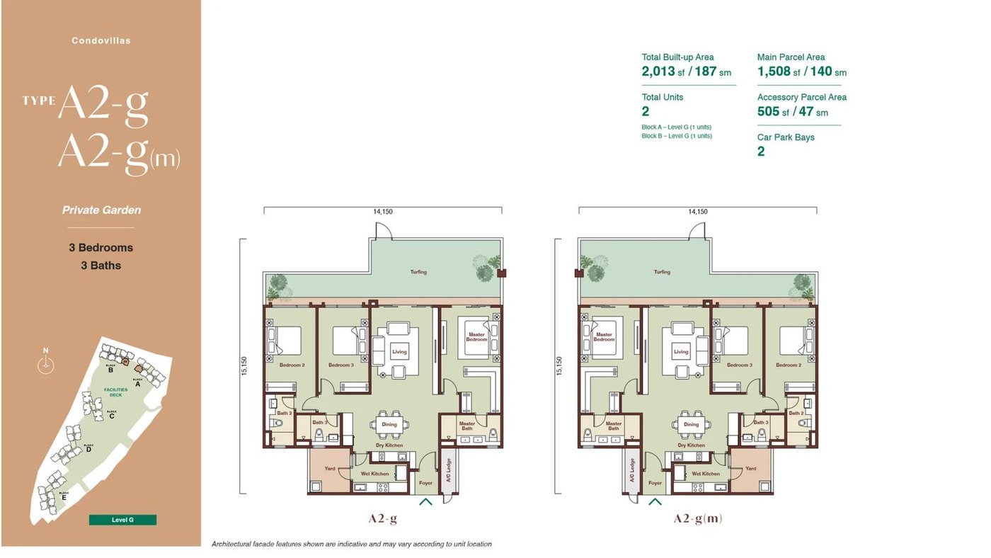Zenia ParkCity Damansara CondoVilla Type A2-g floor plan — 2,013 sq ft ground-floor home with private garden, 3 bedrooms, 3 bathrooms, 2 car park bays