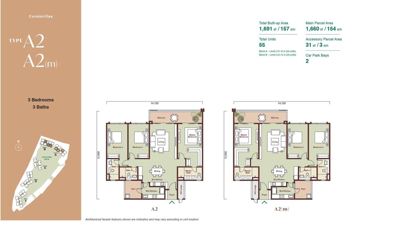 Zenia ParkCity Damansara CondoVilla Type A2 floor plan — 1,691 sq ft high-rise home, 3 bedrooms, 3 bathrooms, 2 car park bays