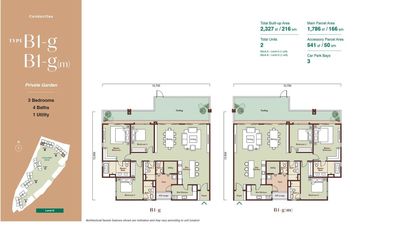 Zenia ParkCity Damansara CondoVilla Type B1-g floor plan — 2,327 sq ft ground-floor home with private garden, 3 bedrooms, 4 bathrooms, 1 utility, 3 car park bays
