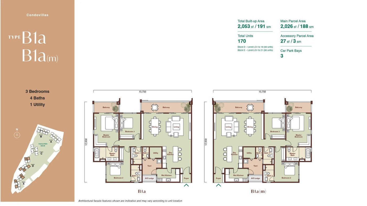 Zenia ParkCity Damansara CondoVilla Type B1a floor plan — 2,053 sq ft high-rise home, 3 bedrooms, 4 bathrooms, 1 utility, 3 car park bays