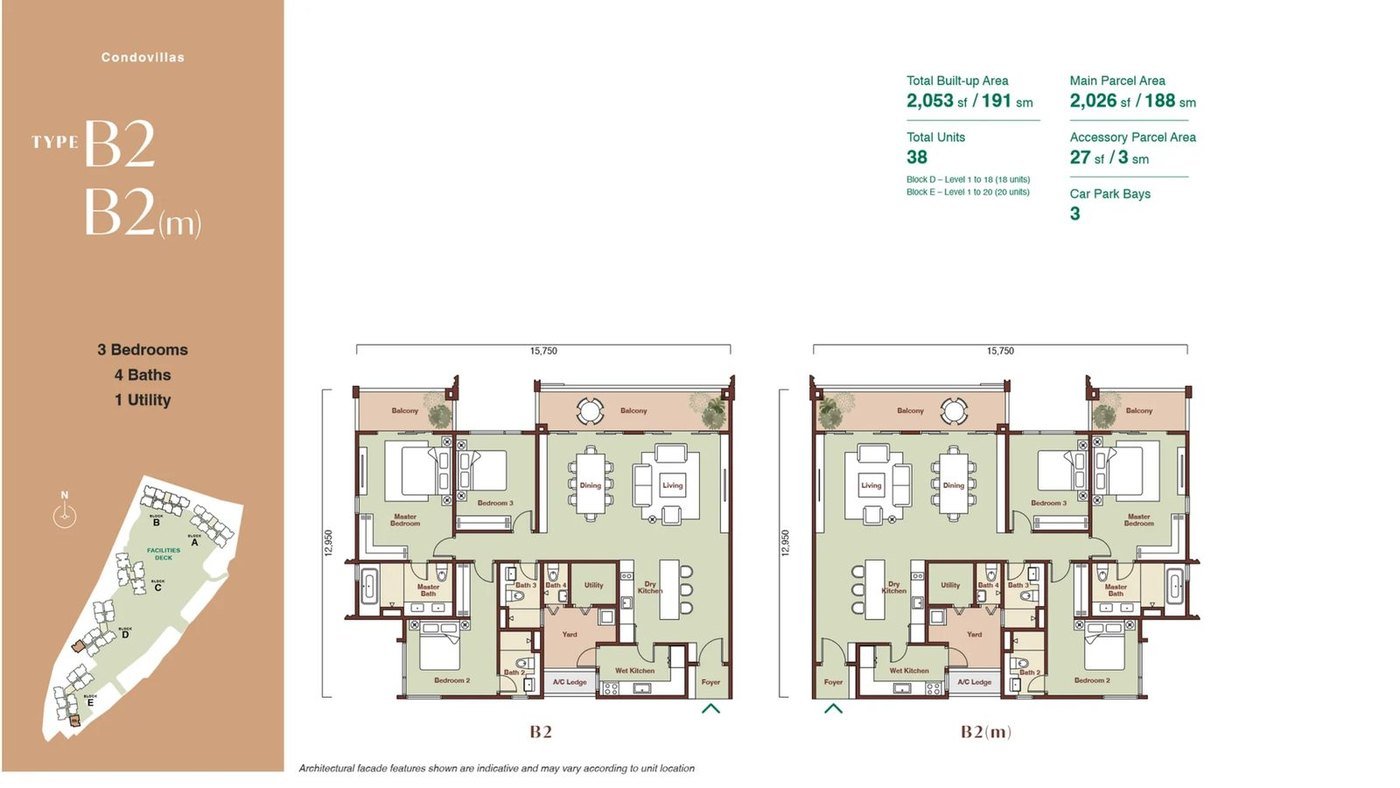Zenia ParkCity Damansara CondoVilla Type B2 floor plan — 2,053 sq ft high-rise home, 3 bedrooms, 4 bathrooms, 1 utility, 3 car park bays