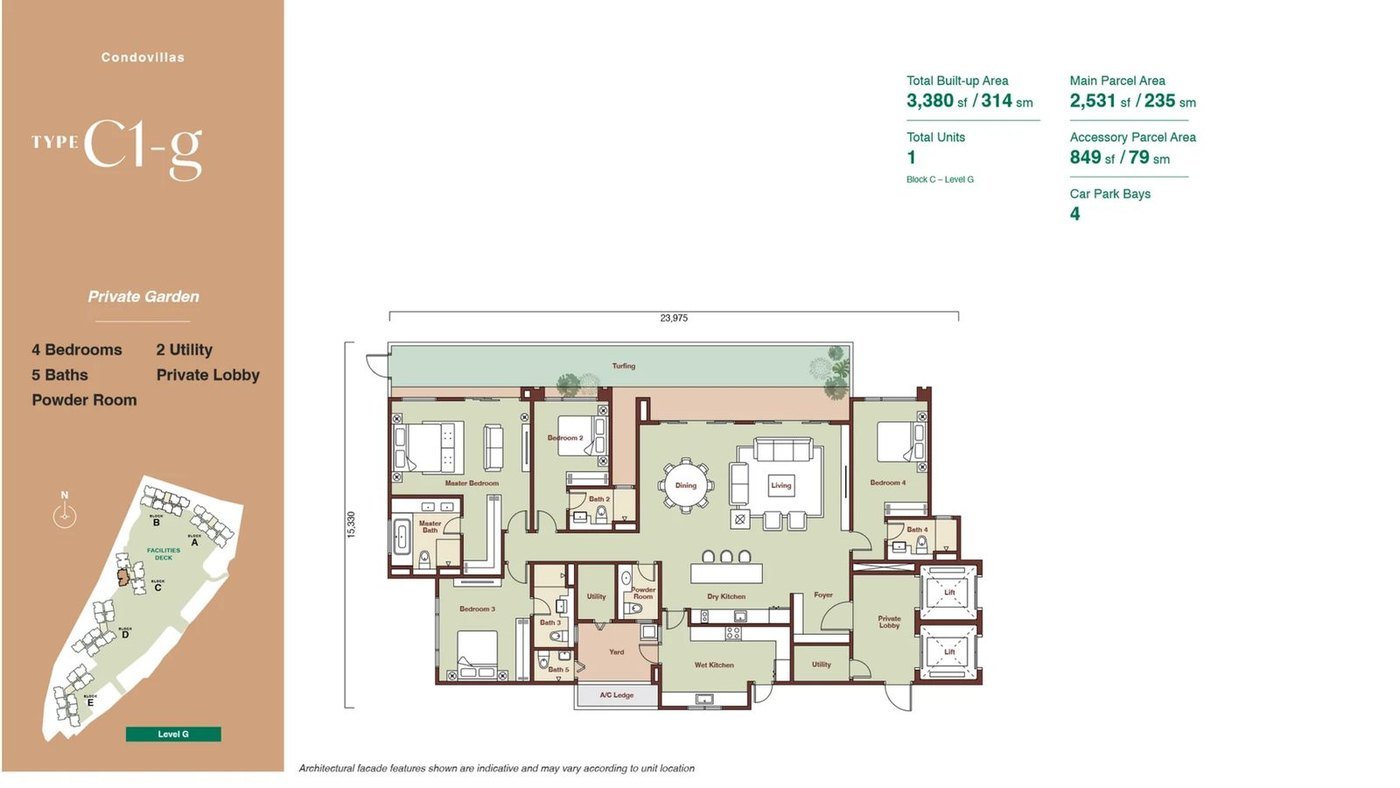 Zenia ParkCity Damansara CondoVilla Type C1-g floor plan — 3,380 sq ft ground-floor home with private garden, 4 bedrooms, 5 bathrooms, powder room, 2 utility, private lift, 4 car park bays