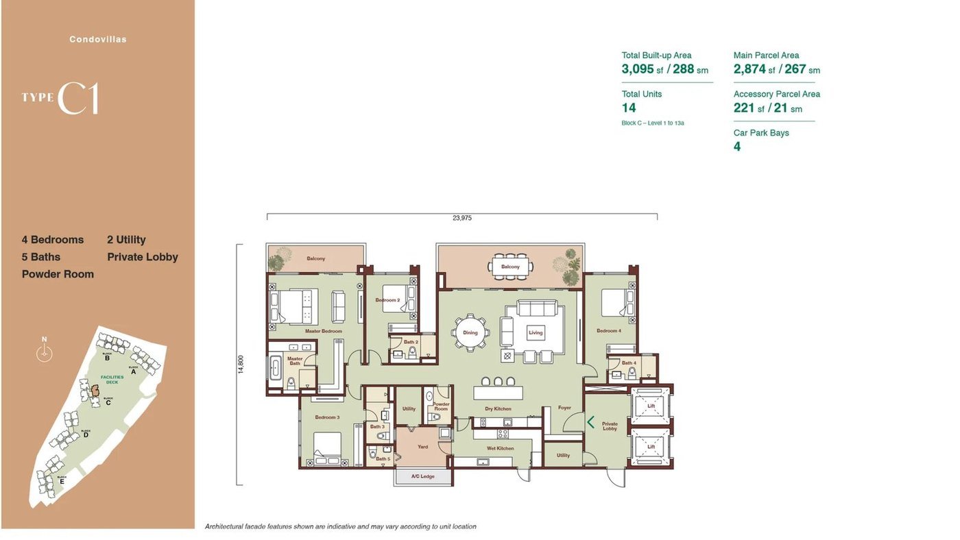 Zenia ParkCity Damansara CondoVilla Type C1 floor plan — 3,095 sq ft high-rise home, 4 bedrooms, 5 bathrooms, study, 2 utility, 4 car park bays