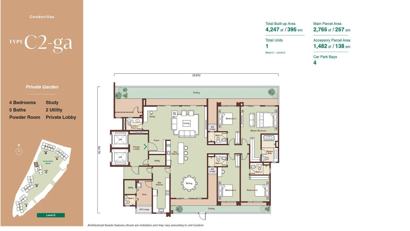 Zenia ParkCity Damansara CondoVilla Type C2-ga floor plan — 4,247 sq ft ground-floor home with private garden, 4 bedrooms, 5 bathrooms, study, powder room, 2 utility, private lift, 4 car park bays