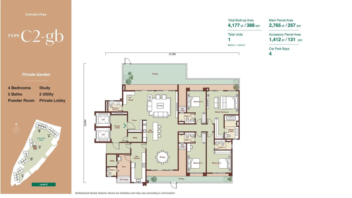 Zenia ParkCity Damansara CondoVilla Type C2-gb floor plan — 4,177 sq ft ground-floor home with private garden, 4 bedrooms, 5 bathrooms, study, powder room, 2 utility, private lift, 4 car park bays
