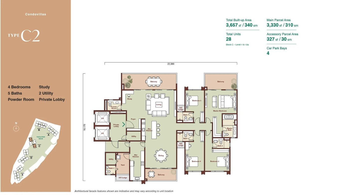 Zenia ParkCity Damansara CondoVilla Type C2 floor plan — 3,657 sq ft high-rise home, 4 bedrooms, 5 bathrooms, study, 2 utility, 4 car park bays