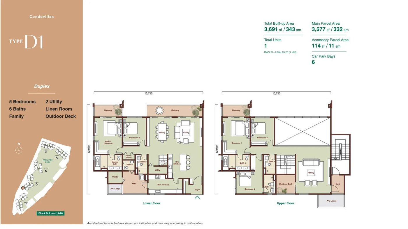 Zenia ParkCity Damansara CondoVilla Type D1 duplex floor plan — 3,691 sq ft high-rise home, 5 bedrooms, 6 bathrooms, family area, 2 utility, linen room, 6 car park bays