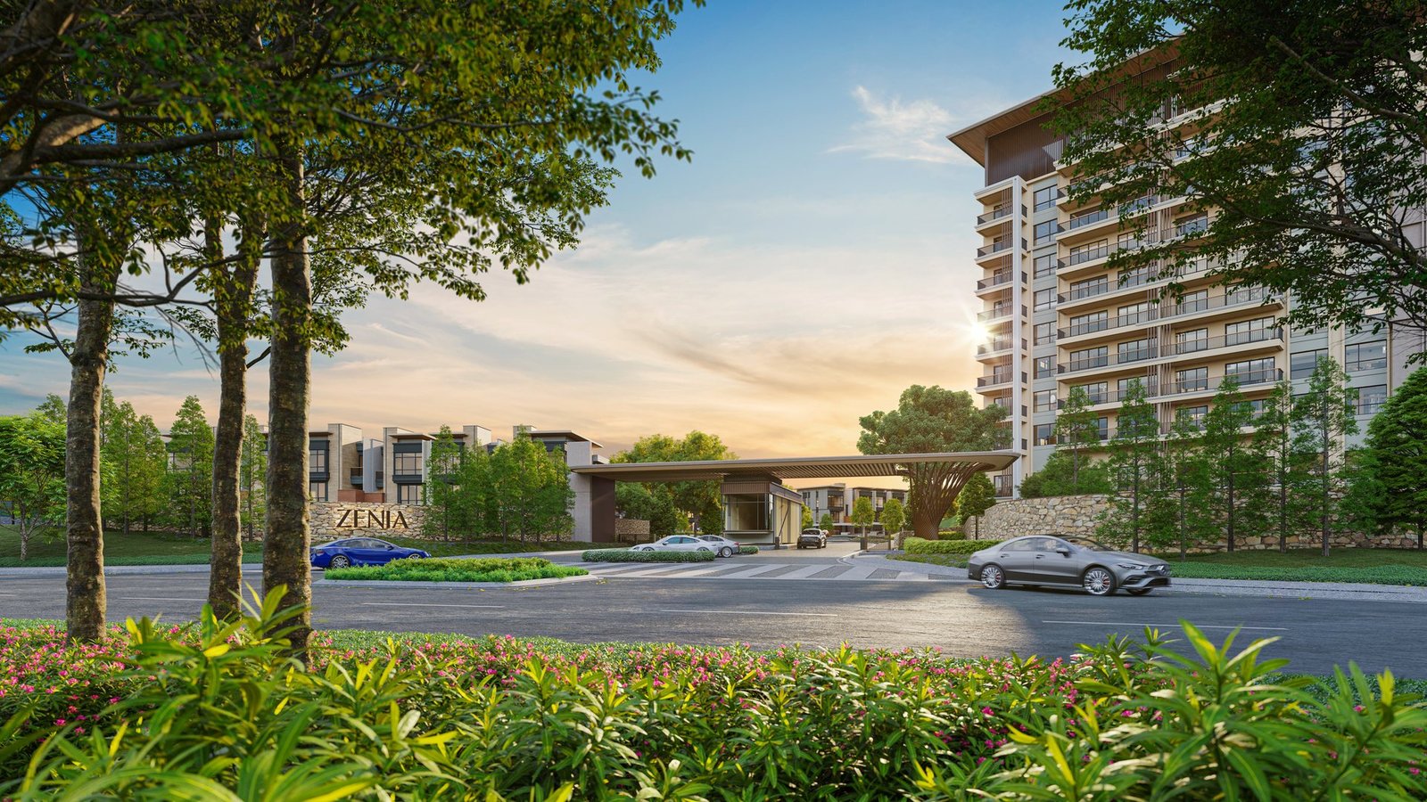 Zenia @ ParkCity Damansara — dusk view of the entrance, CondoVilla tower and landed ParkHomes