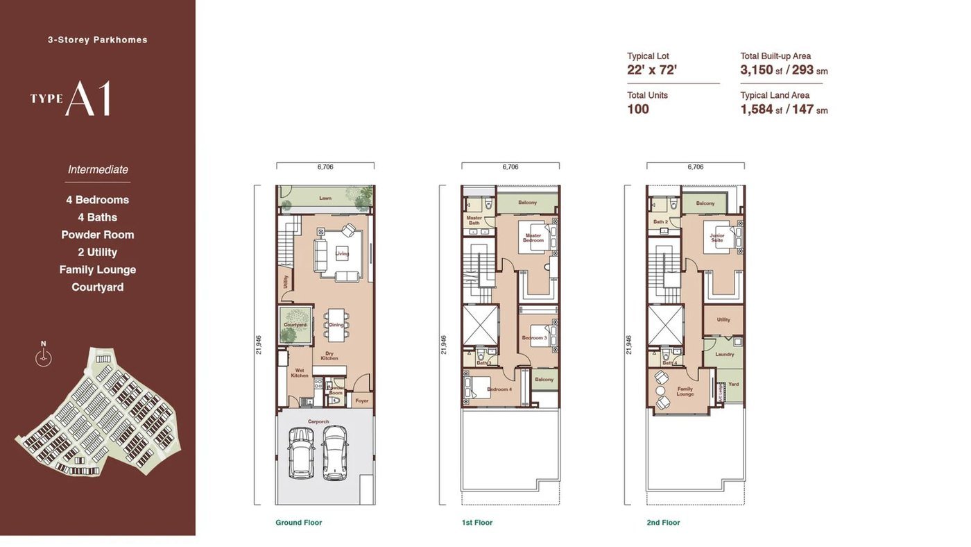 Zenia ParkCity Damansara ParkHome Type A1 floor plan — 3,150 sq ft intermediate 3-storey landed home, 4 bedrooms, 4 bathrooms, with courtyard, family lounge and 2 utility rooms