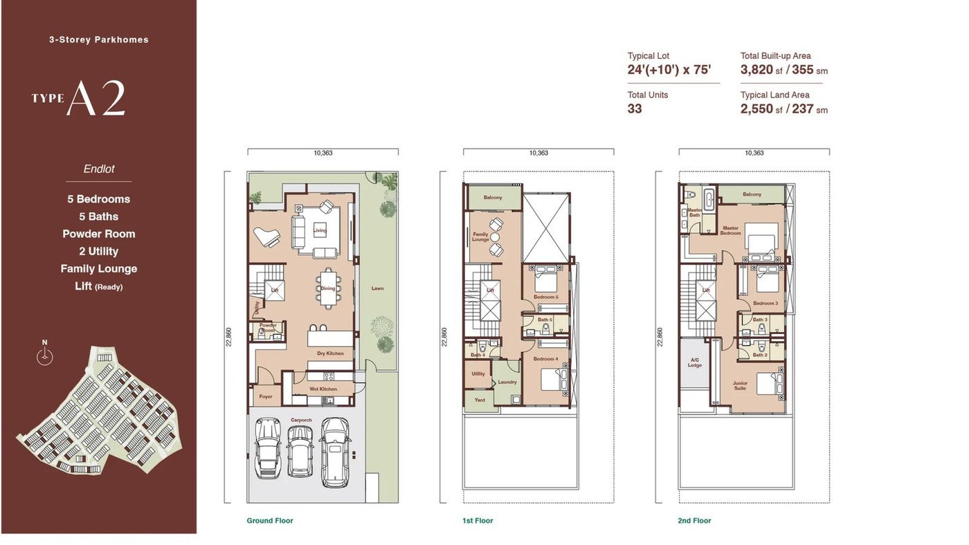 Zenia ParkCity Damansara ParkHome Type A2 floor plan — 3,820 sq ft endlot 3-storey landed home, 5 bedrooms, 5 bathrooms, lift-ready with family lounge and 2 utility rooms