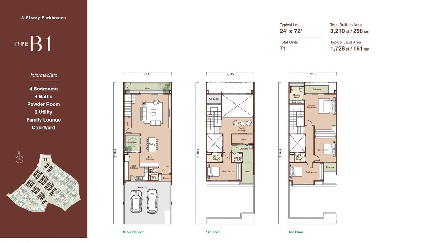 Zenia ParkCity Damansara ParkHome Type B1 floor plan — 3,210 sq ft intermediate 3-storey landed home, 4 bedrooms, 4 bathrooms, with courtyard and family lounge